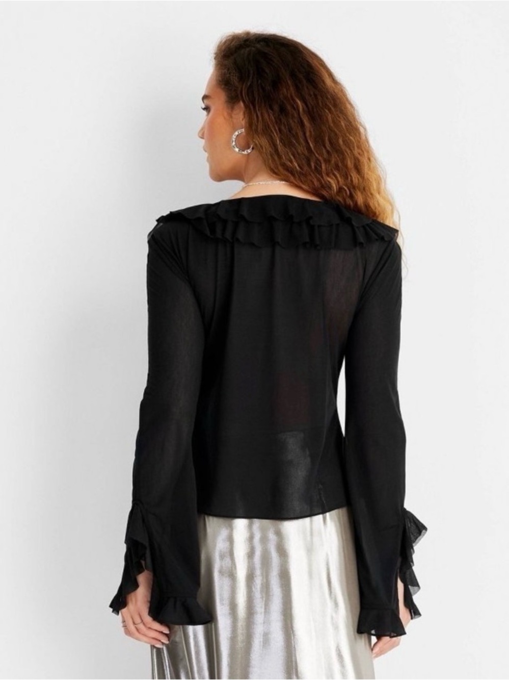 Black Ruffle V-Neck Long Sleeve Top - Picture 2 of 5